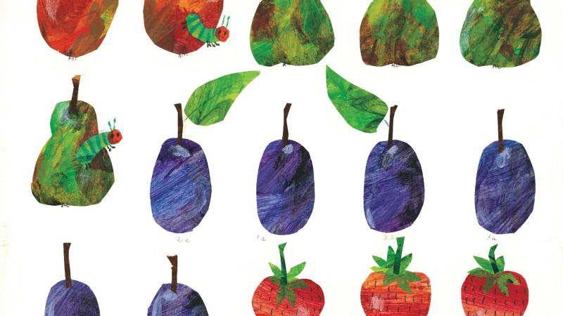 Color illustration of several varieties of apple.