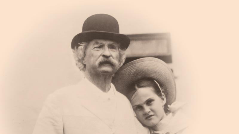Twain, in a bowler hat, with Quick wearing a straw hat and leaning on his shoulder