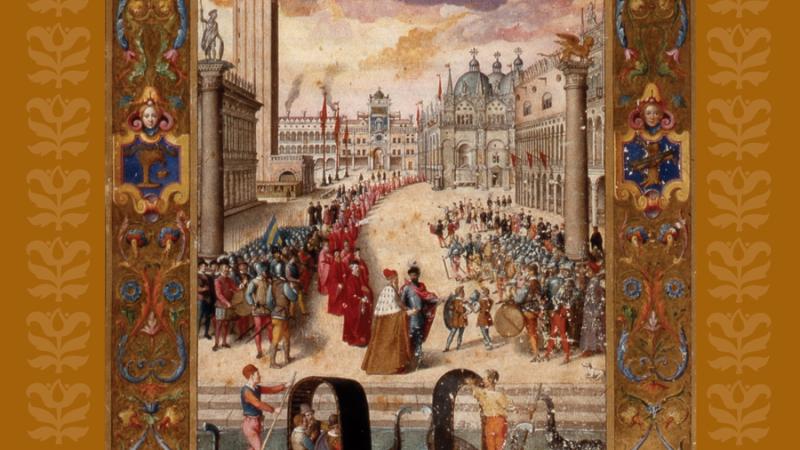 Book cover, showing an illustration of Saint Mark's Square in Renaissance Venice, filled with soldiers and noblemen