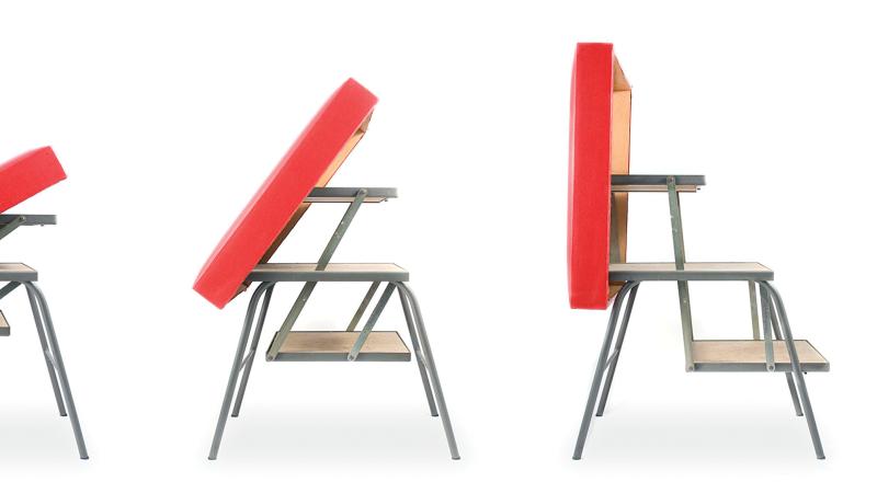 A step by step photo montage of a red plastic bench turning into a step stool