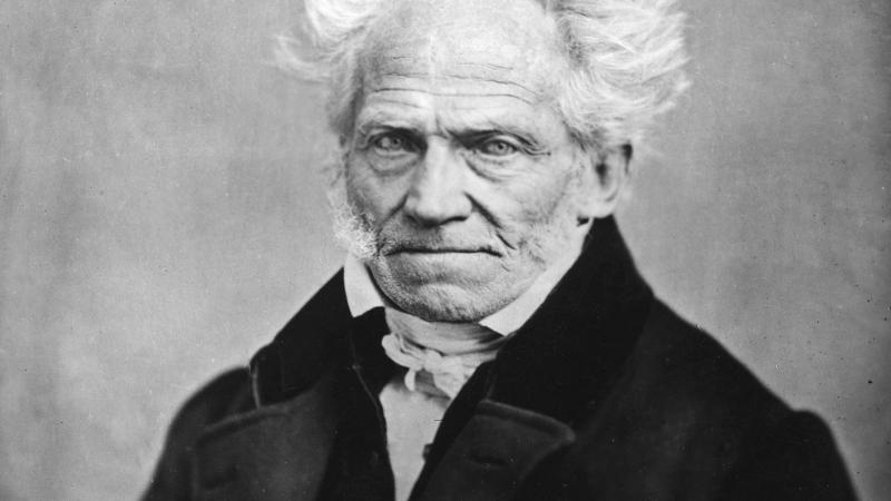 Schopenhauer in a dark suit and white shirt, with fluffy white hair fringing a bald head