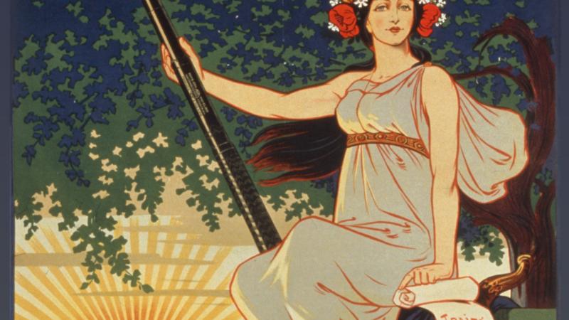 Illustrated advertisement of a woman in a toga holding a spear-shaped fountain pen.