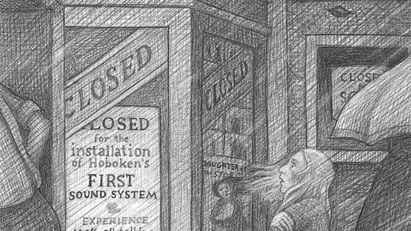 Black and white sketch of a girl standing outside a theater, looking at its signage. She appears to be startled.