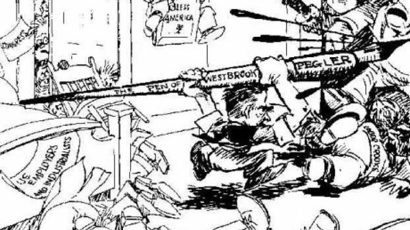 Cartoon sketch of Westbrook Pegler charging other men with a giant pen.