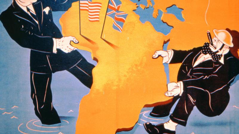 Comical Nazi illustration of Franklin D. Roosevelt and Winston Churchill in a tug of war over the continent of Africa.