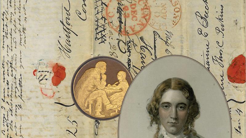Image of a "circular letter" from the Beecher family, with writing organized around a portrait of Harriet Beecher Stowe.