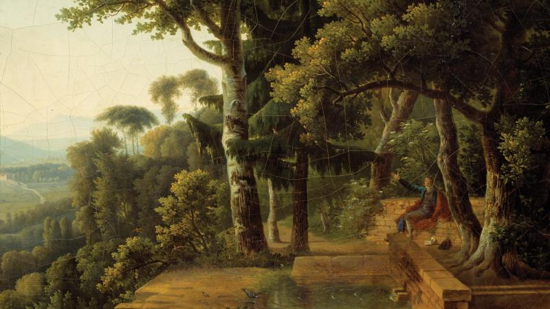 Painting of Jean Jacques Rousseau meditating in a lush park. 