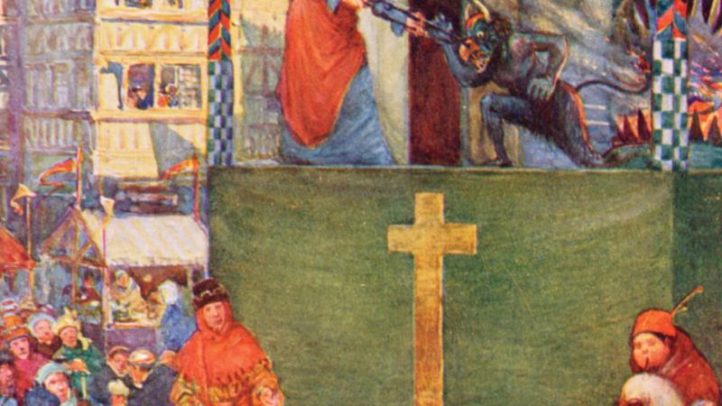 Colorful illustration of a medieval theater set with a Christ-like figure on the stage.