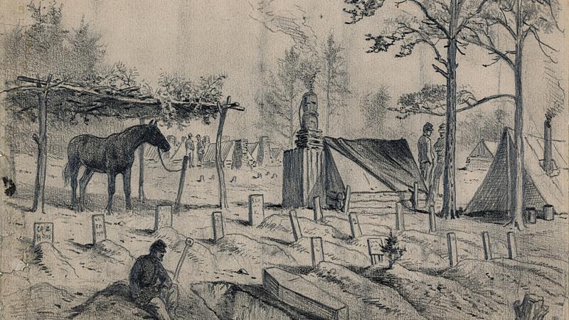 Black and white drawing of an Army graveyard during the Civil War.