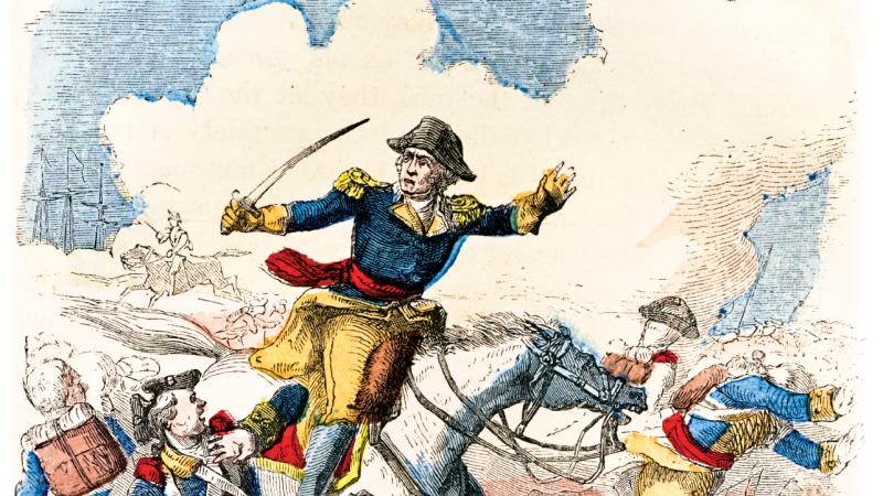 Color illustration of George Washington charging atop a white horse during a battle of the American Revolution.