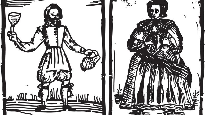Black and white illustration of two fictional characters, a man and a woman.