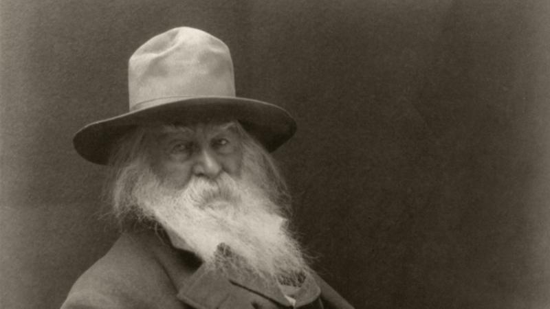 Black and white portrait of Walt Whitman sitting in a chair.