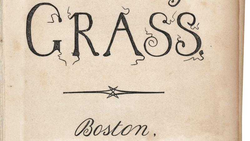Image of the title page of Walt Whitman's book of poems, "Leaves of Grass," with an embellished typeface. 