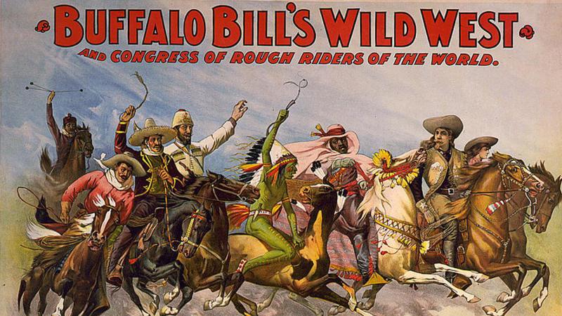 poster for Buffalo Bill's show, depicting cowboys and indians racing on horses together
