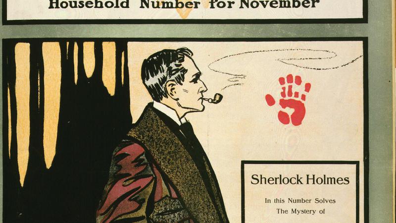 Side view of Sherlock Holmes, in a red smoking jacket, smoking a pipe