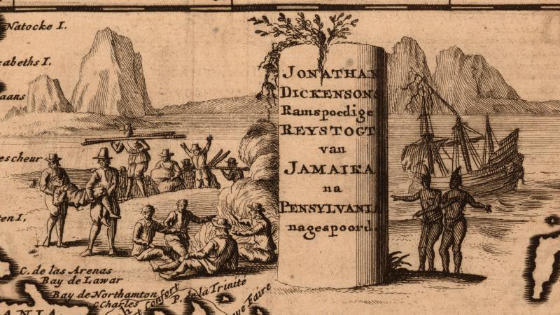 Illustration of European settlers and Native Americans on the coast, along with a map rendering of the coastline