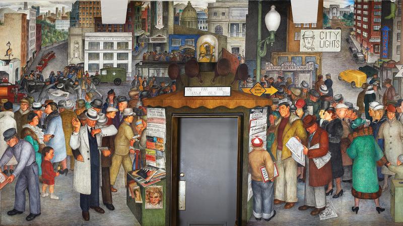 Mural of a busy San Francisco street: cars driving by, people at an open market, buying newspapers, with the city in the background
