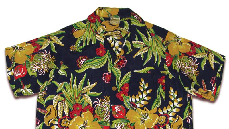 Short sleeved, collared black shirt patterned with tropical flowers and leaves