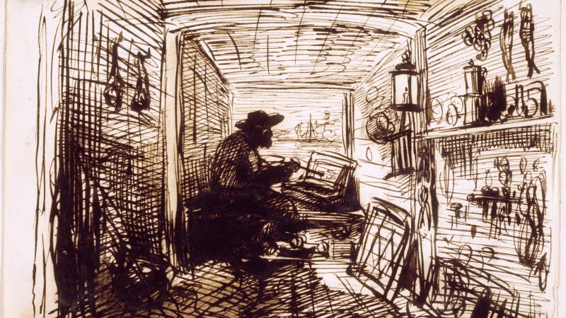 Etching of a man in a hat, sitting and painting, in a narrow room
