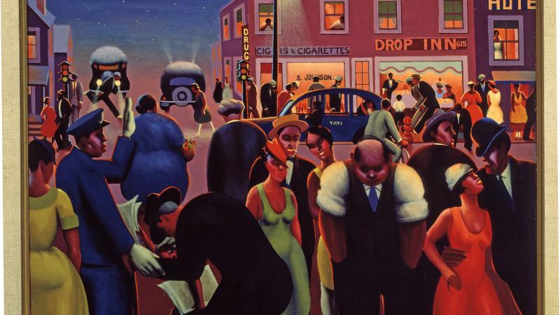 Painting of an outdoor scene with many people enjoying city nightlife. 