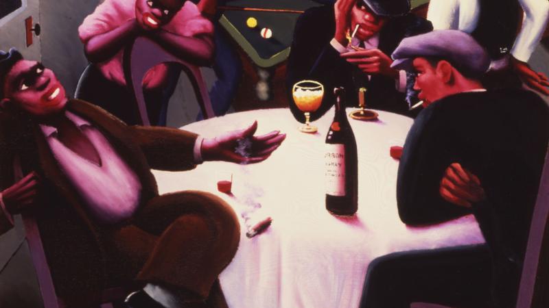 Colorful painting of a nightlife scene with African Americans drinking wine and playing the piano.