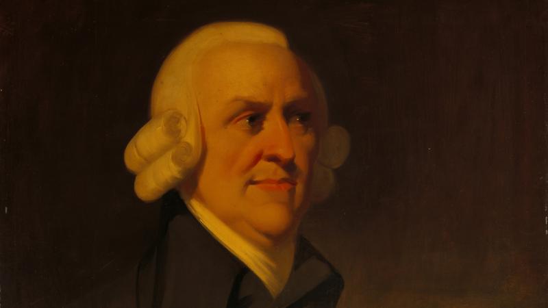 Adam Smith in a white wig and black coat with a high collar