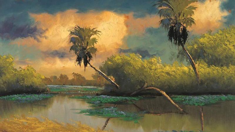Palm trees over a marsh, golden sunlight
