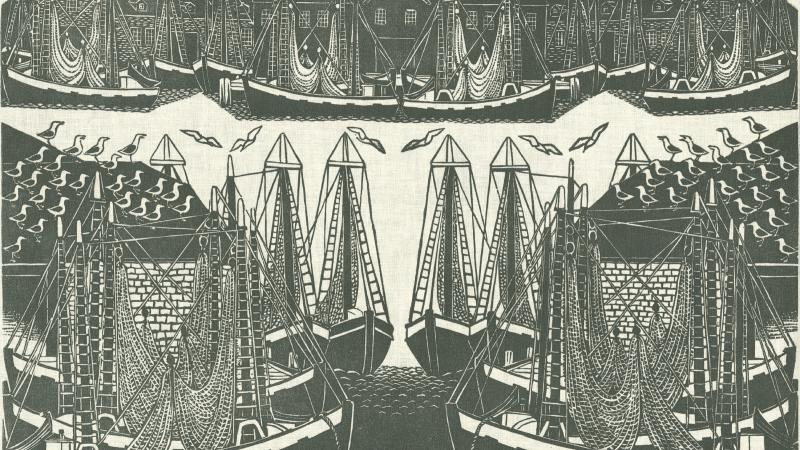 Rendering of Gloucester Harbor, with many high-masted ships and sea gulls