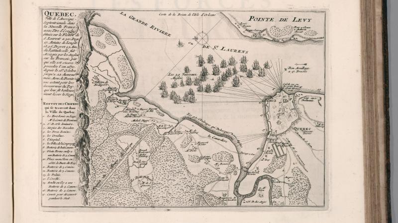 Engraved map, showing Battle of Quebec. Shows towns, villages, roads, forests, rivers, canals, bridges, name of places and residence. Includes decorative illustrations of British ships on Saint-Laurens River and key to important sites.