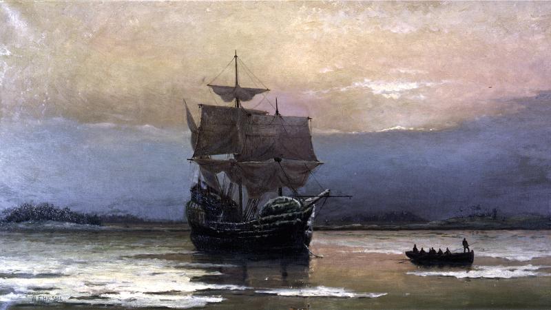 Painting with contrasting colors between sky and sea, showing the Mayflower arriving in Plymouth Harbor.
