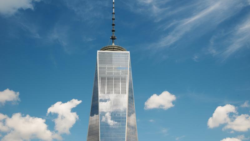 Close up photograph of the top of the new world trade center