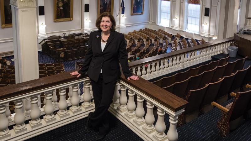 Color photo of Deborah Watrous standing in the gallery of the New Hampshire State House. The seats of representatives can be seen below her. 