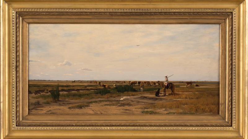 Framed painting of Mexican herdsmen tending to their cattle in an open, flat plain.