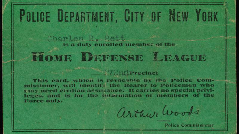 Membership card of the Home Defense League, 1917, in the Collection on World War I and World War II.