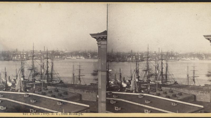Black and white photo of Fulton Ferry, looking over port of boats