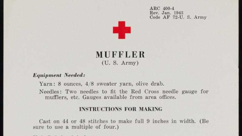 American National Red Cross instructions for knitting a muffler, ca. 1943, in the Collection on World War I and World War II.
