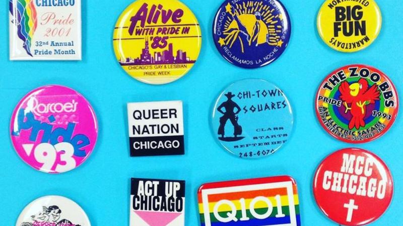 A selection of Gerber Hart’s collection of LGBTQ buttons.