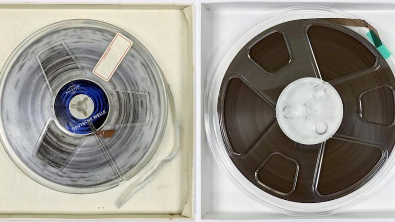 One of Radio Haiti's 1/4-inch reels, before and after cleaning and preservation.