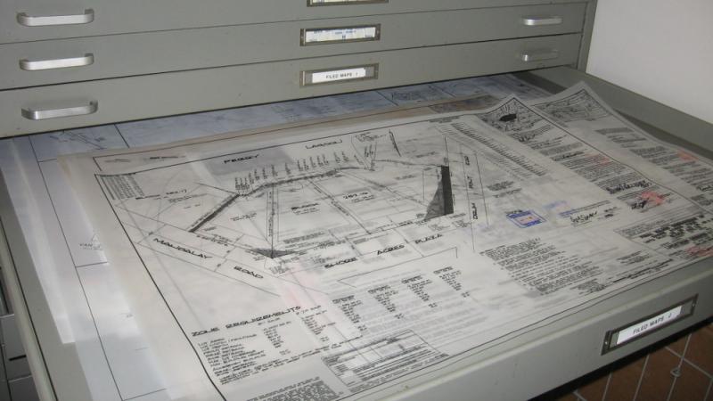 Mylar site plans from Brick, New Jersey, in flat file file drawers