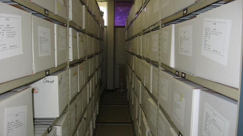 View down one of the aisles of compact storage system in the archives of Brick