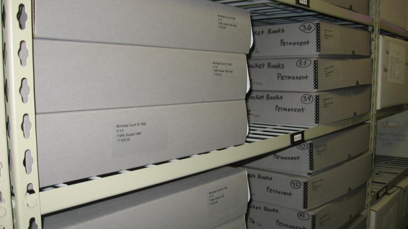 Brick's Municipal Court Docket Books in archival clam shell boxes