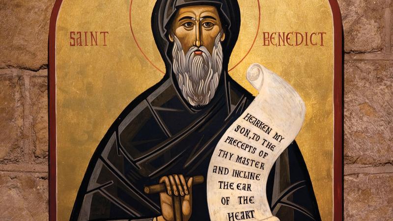 An icon of Saint Benedict holding a copy of the Rule of Benedict