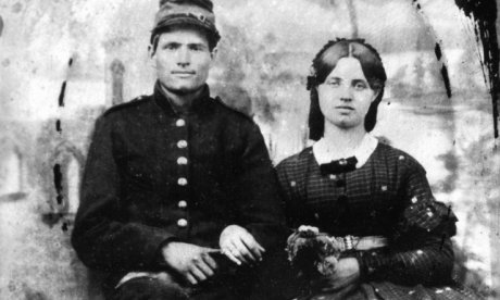 A black and white portrait of a couple from the Civil War.