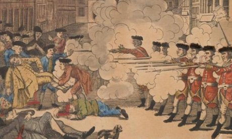 Color drawing of British troops firing on an American mob in the 18th century.
