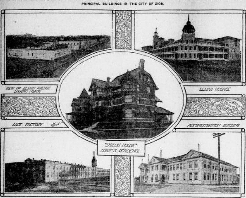 A newspaper page highlighting the main buildings in the city of Zion, Illinois. 