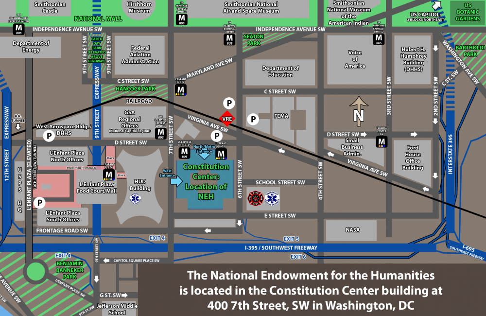 Map of the NEH's location at Constitution Center, which is at 400 7th Street