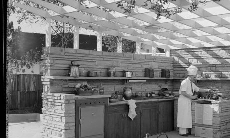 Black and white photo of an outdoor barbecue patio