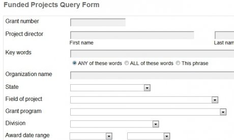 Screenshot of database form fields to search for NEH-funded projects