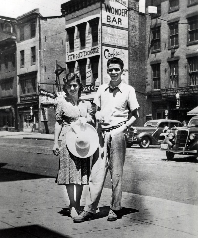 A young Frank Sinatra, with an unidentified woman, in Hoboken, New Jersey, c. 1930s.