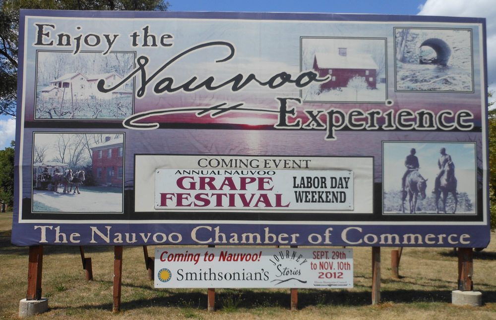 Billboard outside Nauvoo, IL, announcing "Journey Stories"